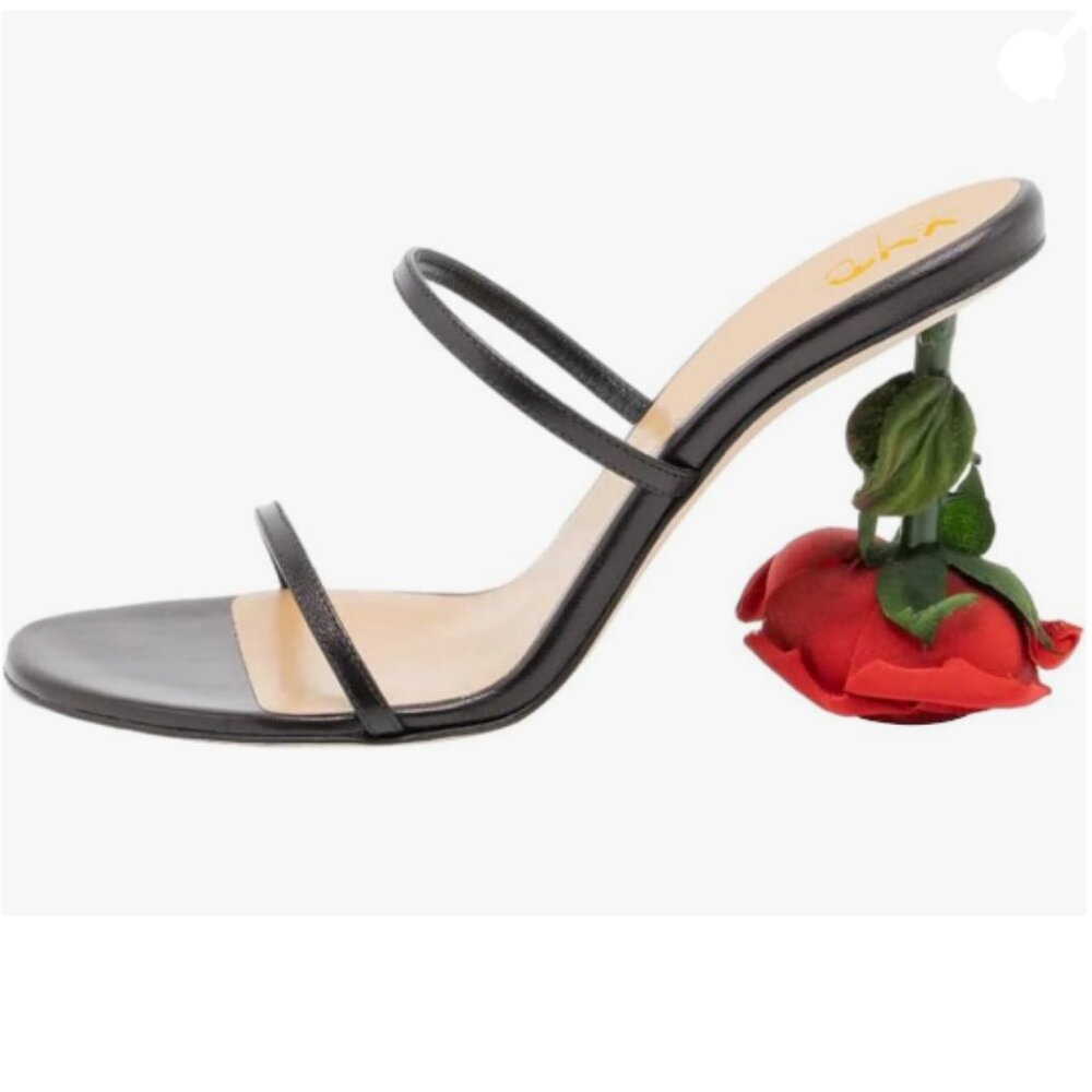 XYD Black Strappy Mule Sandal with Red Rose Heel